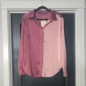 NWT SkyLar Rose Pink Colorblock Satin Button Down Blouse Size Medium